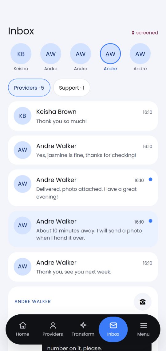 Messaging screen with a screened phone number